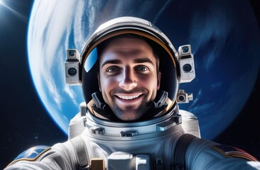 smiling astronaut takes a selfie in space against the backdrop of the planet Earth