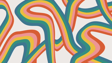 Distorted abstract rainbow stripes on beige background. Groovy retro vector backdrop in 60-70s hippie style. Vintage hand drawn trippy design