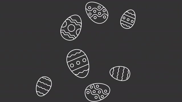 Animated easter eggs white icon. Decorated eggs pattern line animation. Painted eggs falling down. Decorative pattern. Isolated illustration on dark background. Transition alpha video. Motion graphic