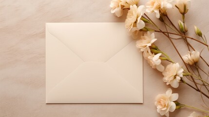 Elegant blank paper card & floral envelope mockup on neutral beige background