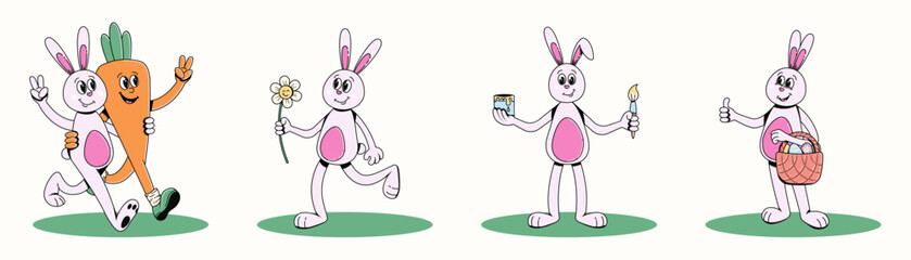 Retro groovy Easter rabbit mascot characters. Set of stickers in trendy cartoon style of 60s 70s. Bunny vector illustration with different face expressions and poses.