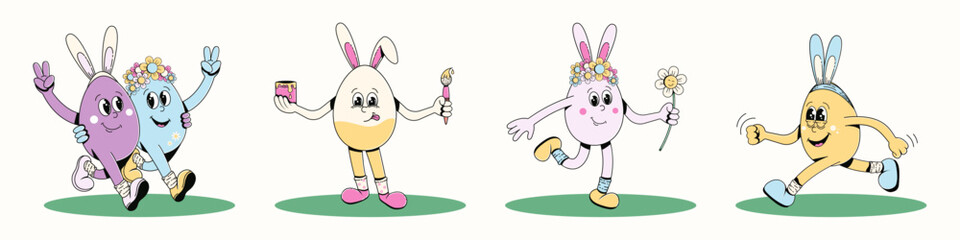 Retro groovy easter egg mascot characters. Set of stickers in trendy cartoon style of 60s 70s. Egg vector illustration with different face expressions running, walking, standing, jumping.