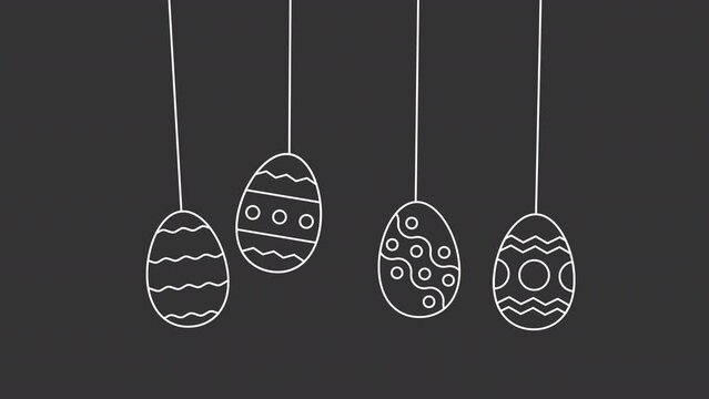 Animated eggs white icon. Decorative eggs line animation. Catholic traditional holiday. Happy easter. Isolated illustration on dark background. Transition alpha video. Motion graphic