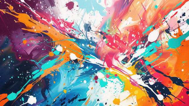 many colorful abstract splashes are flying in the air, in the style of dye-transfer, bright color palette, lith printing 