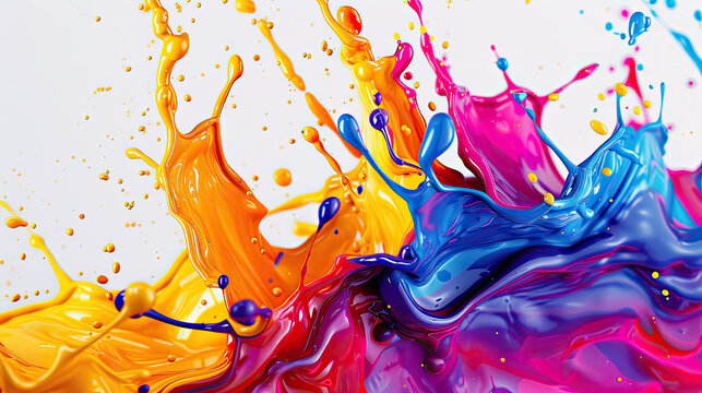 many colorful abstract splashes are flying in the air, in the style of dye-transfer, bright color palette, lith printing 