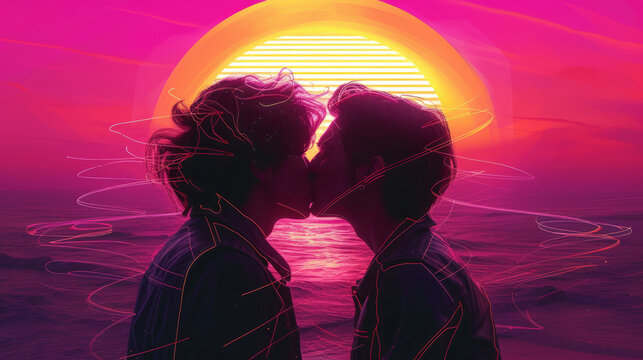 Two gay guys kissing each other against a synth wave colors sunset