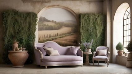 Fototapeta na wymiar a Tuscan country home, he mural's calm expression is framed by climbing ivy and terracotta pots filled with lavender, matched with cozy linen-upholstered armchairs and reclaimed wood side tables.