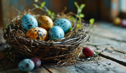 Fototapeta na wymiar Easter eggs in the nest on rustic wooden background.