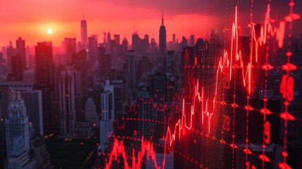 A dynamic graph showing a dramatic stock market crash, with digital numbers plummeting amidst a backdrop of global city skylines at dusk.