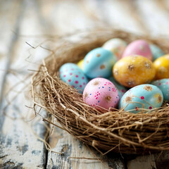 Easter eggs in the nest on rustic wooden background.
