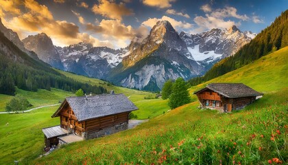 Fototapeta na wymiar Idyllic Alpine landscape with traditional mountain lodge