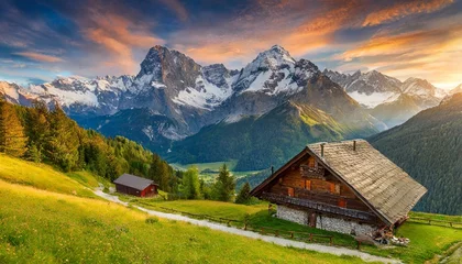 Poster Idyllic Alpine landscape with traditional mountain lodge © Semih Photo