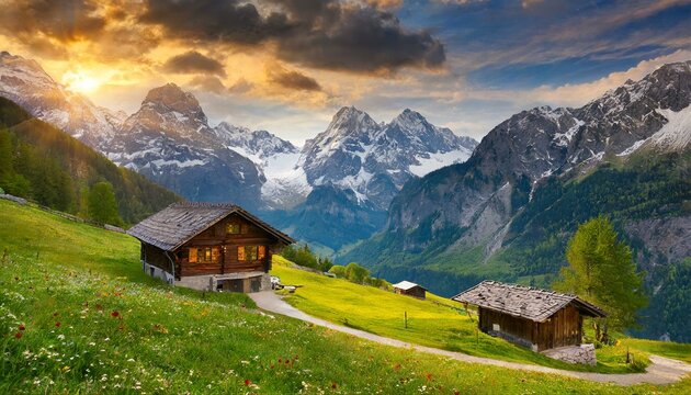 Idyllic Alpine landscape with traditional mountain lodge