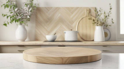 Fototapeta na wymiar Empty beautiful round wood tabletop counter on interior in clean and bright kitchen background, Ready for display, Banner, for product montage