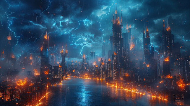 In a parallel universe acid rain falls on a city with flaming buildings and blue neon circuits