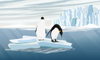 A pair of emperor penguins stands on a large ice floe. Birds of the South Pole. Realistic vector animal - obrazy, fototapety, plakaty