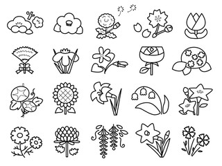 かわいい花の素材セット・モノクロ