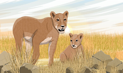 A lioness and lion cub are resting in the African savannah. African wild predators. Realistic vector landscape