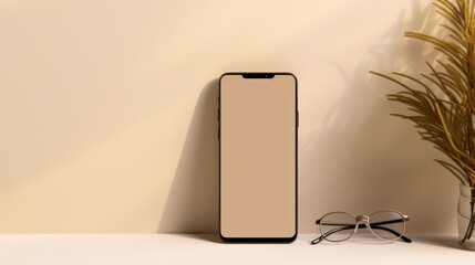 Minimalist mockup: mobile phone with neutral background, notebook, glasses, and foliage branch - obrazy, fototapety, plakaty