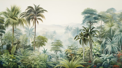 A painting of a tropical forest with palm trees.