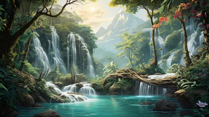 Fototapete A painting of a waterfall in a tropical forest  © Anas