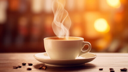 Cup of coffee with steam on bar counter in coffeeshop