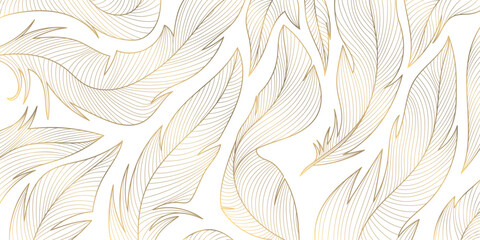 Vector gold feathers on white pattern, abstract luxury line design wallpaper. Art deco wedding texture, wing angel decoration. - obrazy, fototapety, plakaty