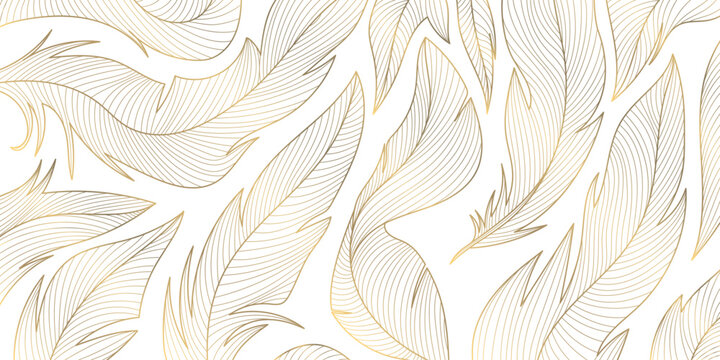 Vector gold feathers on white pattern, abstract luxury line design wallpaper. Art deco wedding texture, wing angel decoration.