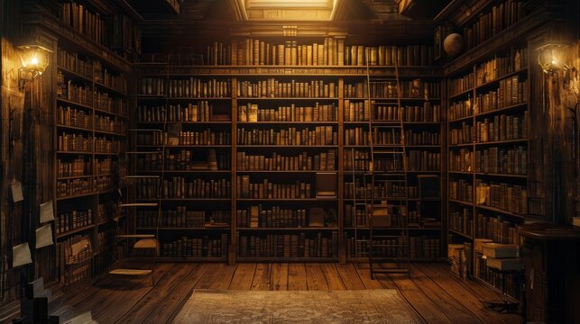 Old library interior, library books.