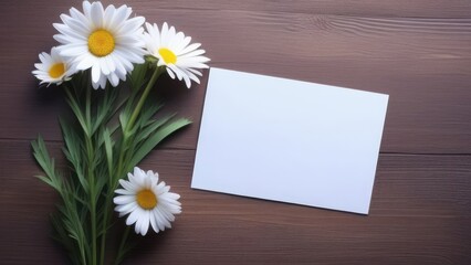 Obraz premium Women's day background. Mothers Day. Chamomiles on a wooden background with space for text, top view. Beautiful card. Flat layout.