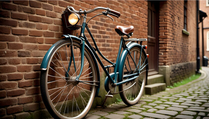 A vintage bicycle leaning against a rustic brick wall