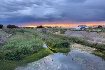 River in Valencia, Alboraya, L’Horta, Spain. Dried up river as result of drought and extreme...