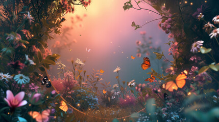 Beautiful enchanted landscape. Fantasy garden background. Magic meadow with spring blooming flowers. Copy space. Fairy tale banner. - obrazy, fototapety, plakaty