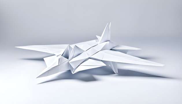 Kampfjet Flugzeug Papierflieger in geometrischen Formen, wie 3D Papier in wei&szlig; wie Origami Falttechnik Symbol Wappen Logo Vorlage Milit&auml;r Verteidigung Angriff Luftwaffe Streitkr&auml;fte Krieg Waffe Rakete