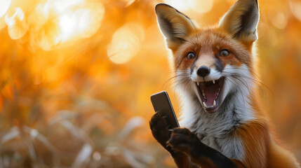Surprised fox holding a smartphone with a comical expression. - obrazy, fototapety, plakaty