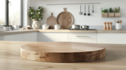 Empty beautiful round wood tabletop counter on interior in clean and bright kitchen background, Ready for display, Banner, for product montage