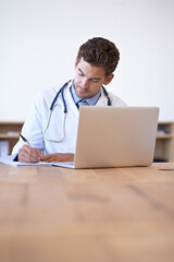 Doctor, laptop and notebook for writing at desk for medical research, schedule or patient report in office. Man, technology and pen on paper for results, planning or health insurance in hospital