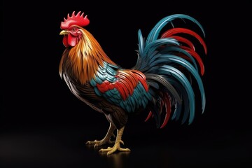 Beautiful rooster with bright plumage isolated on a black background - obrazy, fototapety, plakaty