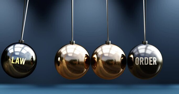 Law leads to order. A Newton cradle metaphor in which law gives power to set order in motion. Cause and effect relation between law and order. Can be looped