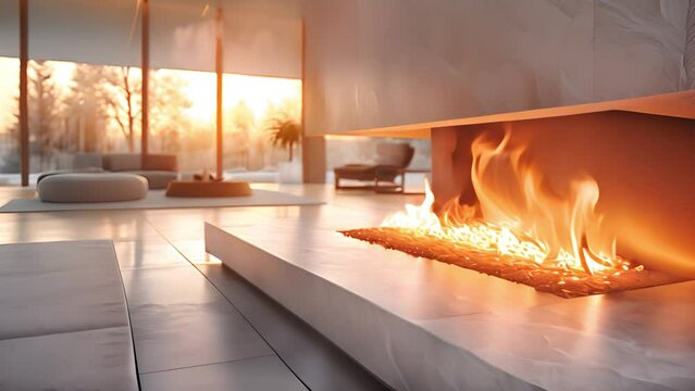 Animation of luxury modern home. minimal style white living and dining room furnished with a modern fireplace with flames 3d render The room has a parquet floor and white door 4k video