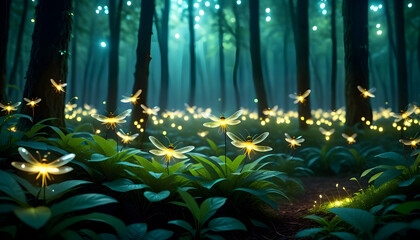 Fireflies dance, illuminating a mystical forest glade - obrazy, fototapety, plakaty