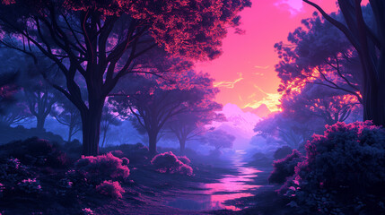 Obraz premium Mystic Sunset Over Serene Fantasy Forest.