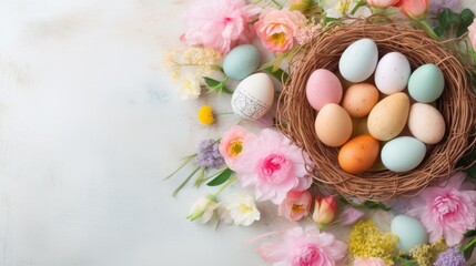 Naklejka na ściany i meble Basket of Easter eggs. Spring floral easter background. Blank space for text.