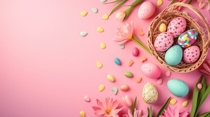 Fototapeta na wymiar Basket of Easter eggs. Spring floral easter background. Blank space for text.