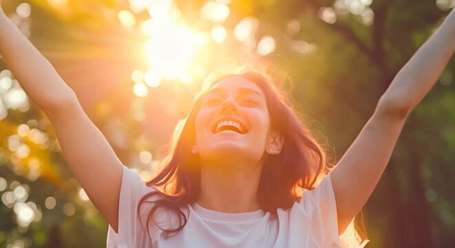 Girl with outstretched arms enjoying the sunlight in the park. The concept of freedom and happiness.