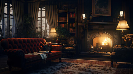 A room with a couch, chair, table, and a fireplace.