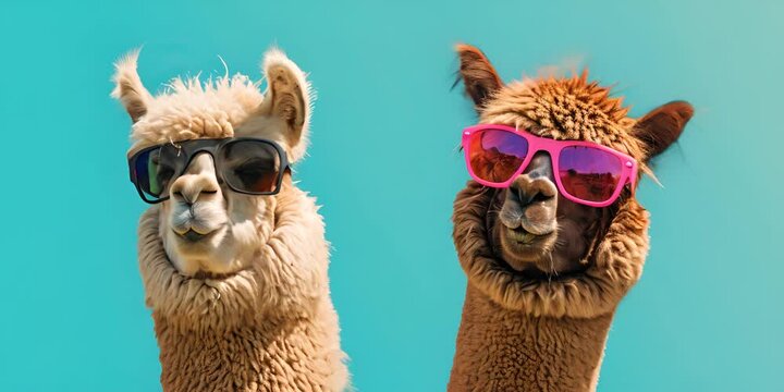 Alpacas in sunglasses on a turquoise background. The concept of summer vibes and positivity.