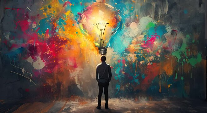 Man looking at a colorful lightbulb against an abstract painting background. The concept of creativity and ideas.