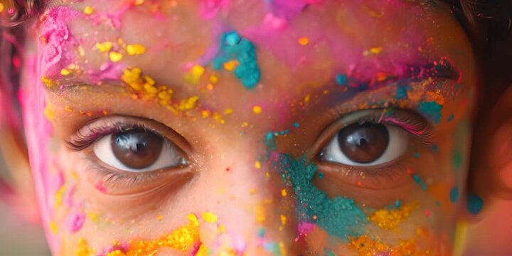 Child's eyes adorned with colorful paints. The concept of childhood and creativity.