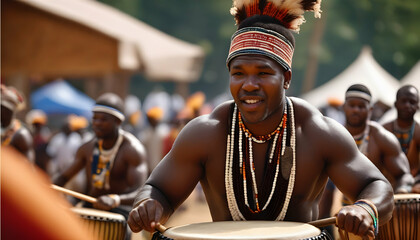 Traditional drummers setting the rhythm at an African cultural festival - obrazy, fototapety, plakaty